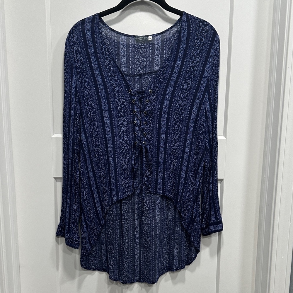 Earthbound Trading Co Navy Lace-Up Boho Top Size Medium